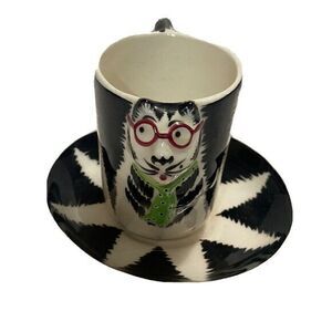 Tom Hatton Black White Cat Coffee Tea Cup Signed Red Glasses‎ Green Tie Folk Art